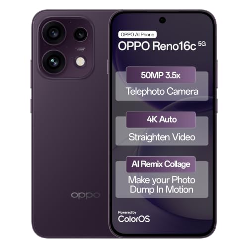 Oppo Reno16c 5G (Twilight Violet, 8GB, 128GB) | 50MP 3.5X Telephoto Camera | 4K Video | AI Remix Collage | 7000mAh 80W SUPERVOOC | ColorOS 16 | IP69K | Dimensity 7300