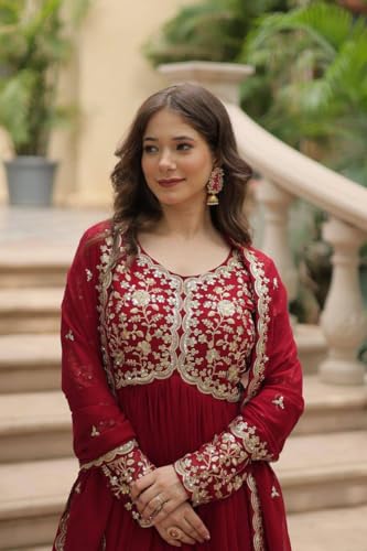 Women's Maroon Anarkali Gown with Gold Embroidery, Traditional Wedding Party Dress, Long Floor Length (in, Alpha, M, Regular)
