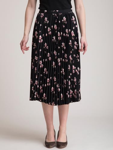 FableStreet Women Formal Skirt | Elegant A-Line Fit Knife Pleated Midi Design with Side Zip Closure | Smooth Texture & Classic Style for Office & Elevated Occasions Black