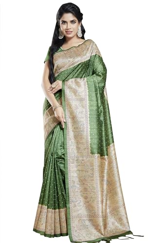 RANI SAAHIBA Women's Printed Art Tussar Silk Madhubani Saree With Blouse Piece (SKR11665_olive Green)