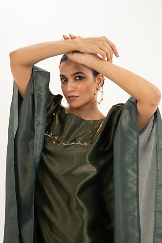 MIORAH Zari Tissue Dress with Viscose Slip for Women & Girls, Oversized Zari Tissue Ethnic Dress for Women’s, Round Neck & Hand Embroidery with Cut Dana (Colour- Olive Green, Size- 3XL)