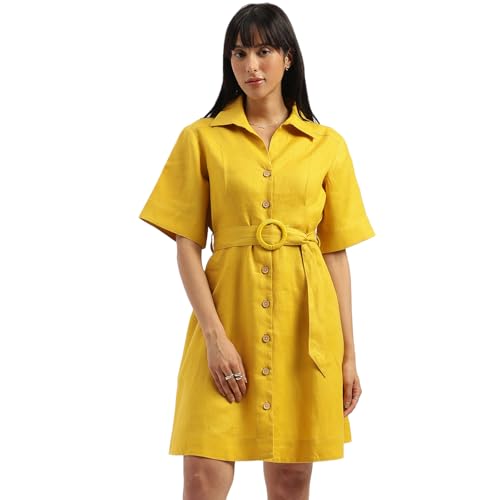 UNITED COLORS OF BENETTON Shirt Collar Solid A-Line Dress (Size: L)-25P4WVNDR150I901 Yellow
