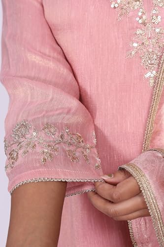 W for Woman Pink Floral Tissue Straight Kurta with Straight Pant and Dupatta Set-(WS13241-224192-M)