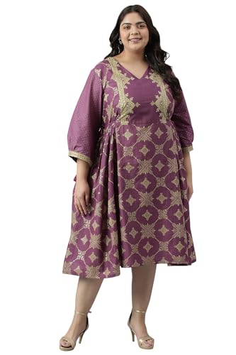 W for Woman Women's Cotton Plus Size Purple Festive Gathered Dress with Sequin Calf Length Orchid - SaumyasStore