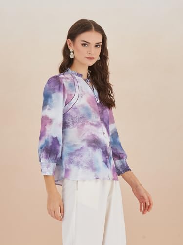Latin Quarters Women Purple 3/4Th Sleeves Tie Neck Printed Top for Casual_XXL
