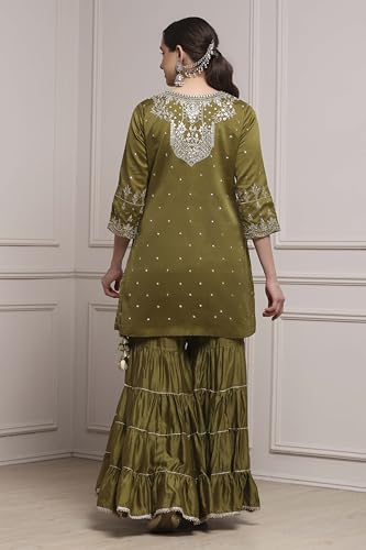 Biba Women Mehndi Green Cotton Silk Straight Suit Set_38