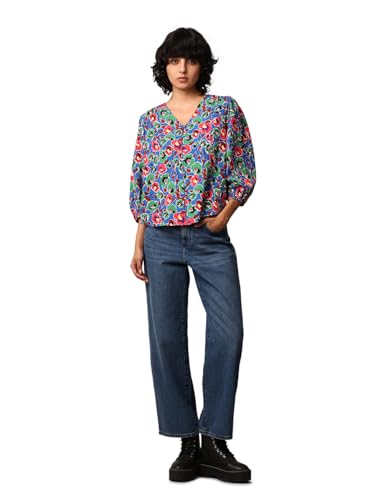 ONLY Women Floral Print Polyester Blend Blue Casual Top