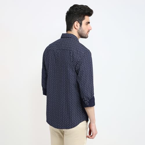 Park Avenue Men Slim Fit Print Pattern Pure Cotton Semicutaway Collar Full Sleeve Casual Shirt Blue