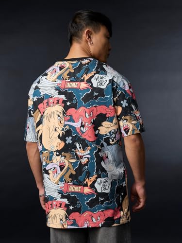 The Souled Store Looney Tunes: Chaotic Men and Boys Short Sleeves Round Neck Black Graphic Printed Casual Lightweight Drop Shoulder Streetwear Trendy Cotton Oversized T-Shirt