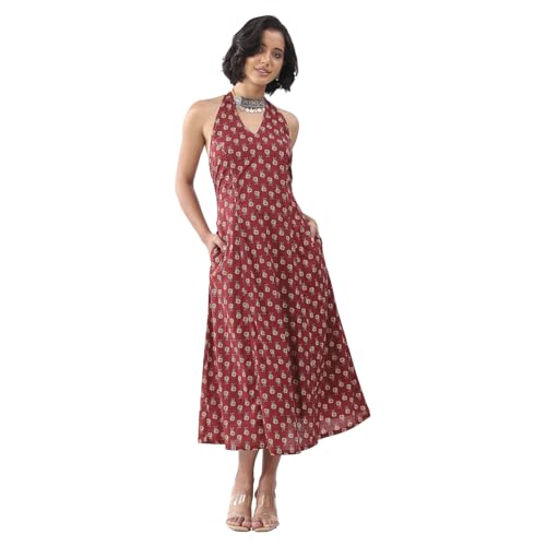 Biba Nxt Women Maroon Cotton Printed A Line Dress_30