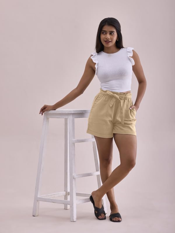 GO COLORS Women Solid Khaki High Rise Linen Shorts