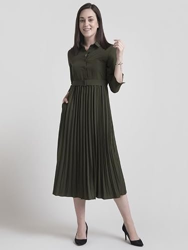 FableStreet Women's Polyester Collared Pleated Fit and Flare Midi Dress - Olive