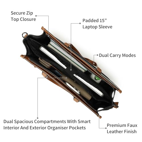 Fastrack PowerCarry Laptop Tote | Faux-Leather Laptop Tote for Women | Dual Compartments, 15'' Padded Laptop Sleeve, Adjustable Webbing Strap, Trolley Loop & External Quick-Access Pocket