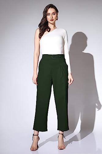 Leriya Fashion Trousers for Women || Solid Bi-Stretch Straight Trousers with 2 Front Pockets & Decorative Buckle || for Office || Casual || Professionals Wear Pleated Trousers (Medium, Green)