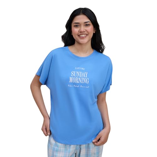 NYKD Buttery Soft Modal Cotton Graphic Tee for Women with Extended Sleeves – Comfortable Relaxed Fit, Stylish Design, Model NYS931 Blue