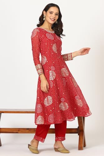 W for Woman Red Bandhej Dot Printed Flared Kurta with Embroidery, Straight Pants and Dupatta Set (Size: XL)-24AUWS11729-124798