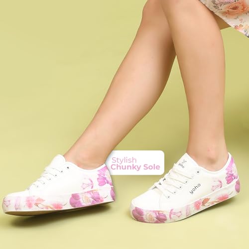 YOHO Aurora Women’s Stylish Floral Design Chunky Sneakers | White - UK 8