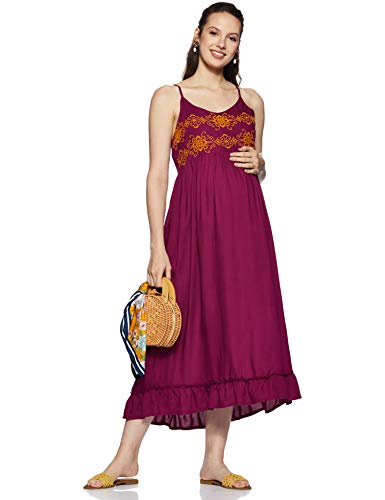 MomStory Women's Rayon Pleated Maxi Dress (MDRF501823_Wine_XL)