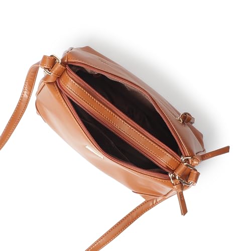 Fastrack Tan Sling Bag for Women | Minimal Faux Leather Crossbody with 2 Zippered Compartments & Quick-Access Pocket | Adjustable Strap Sling for Everyday Outings & College