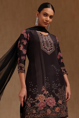 Soch Womens Black Crepe Floral Print Suit Set With Beads