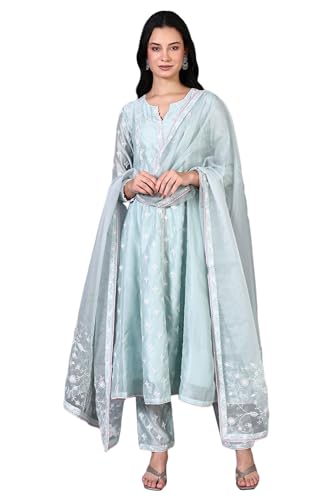 Wishful Women’s Thread Embroidered Silk Chanderi Flared Kurta and Straight Pant, Dupatta Set (Size: XL)-SP12468-400951