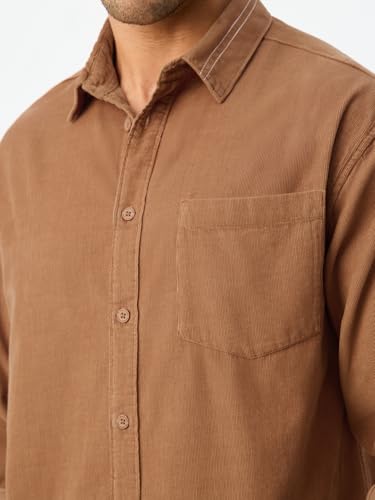The Souled Store Corduroy Shirt: Redwood Men and Boys Long Sleeve Spread Collar Solid Casual Everyday Office Wear Easy to Style Cotton Relaxed Shirt