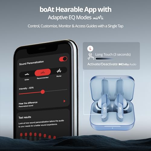 boAt Airdopes 800, Dolby Audio, Adaptive EQ by Mimi, 4Mics AI ENx, App Support, Fast Charge, Low Latency, IPX5, v5.3 Bluetooth TWS in Ear Earbuds Wireless Earphones with mic (Interstellar Blue)