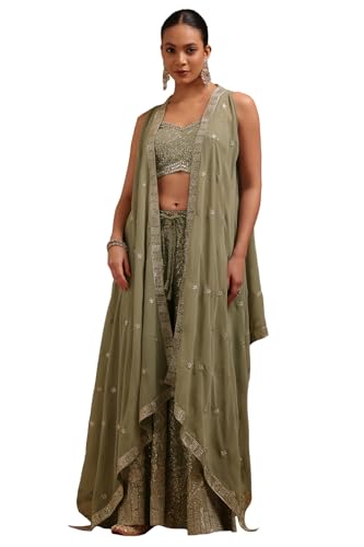 Soch Womens Sap Green Georgette Embroidered Co-Ord Set With Mirror Work