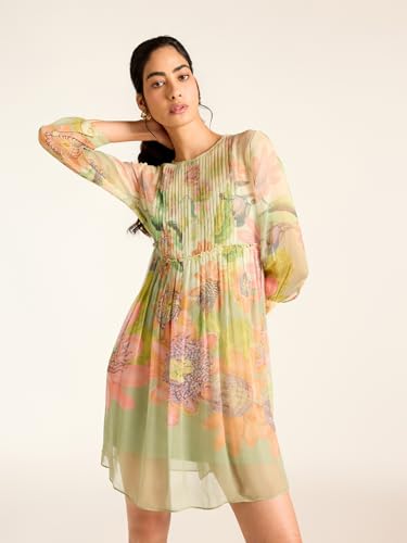 Label RITU KUMAR Green Miley Full Sleeves Printed Short Dress