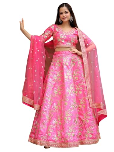 Zeel Clothing Women's Zari and Sequins Embroidered Art Silk Lehenga Choli for Women (7028-Pink-Wedding-Bridal-Designer-Lehenga-Choli-Latest; Free Size) (Pink)