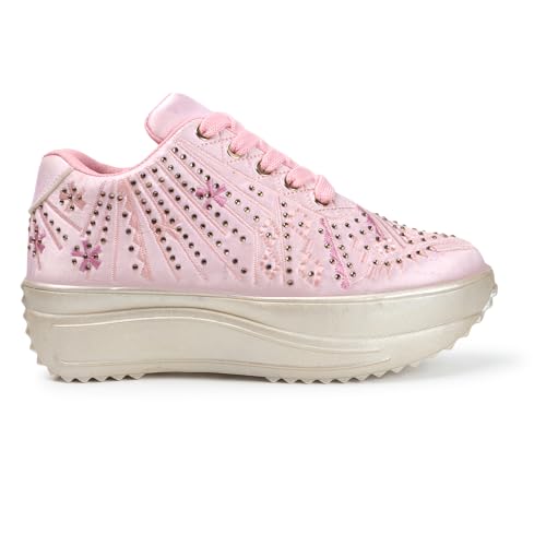 LENSBURY Women's Shoes for Wedding Party Walking, Casual, Lightweight Bridal Lehnga Sneaker for Ladies and Girls LBCNV4025PNK-41 Pink