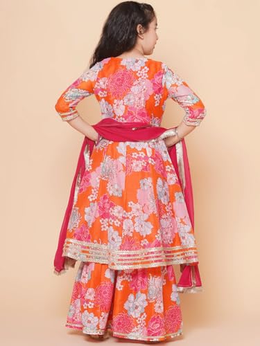 Bitiya By Bhama Girls Orange Floral Printed Angrakha Anarkali Kurta & Sharara With Dupatta(TKS141)