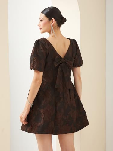 Latin Quarters Women Brown Boat Neck Short Sleeves Fit & Flare Textured Party Dress_S