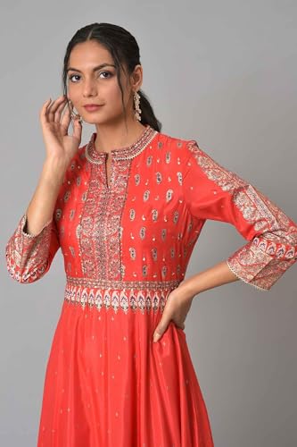 Wishful by W Women's Polyester Tomato Red Festive Mughal Gown Ankle Length Dress (22AUS11107-118800