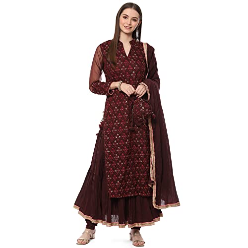 BIBA WOMEN EMBROIDERY LAYERED SALWAR KURTA DUPATTA(SKD8281_WINE_32)