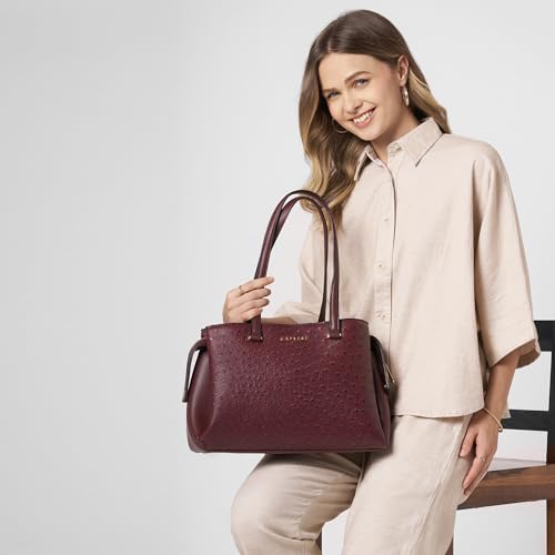 Caprese Britney Large Satchel Bag for Women | Premium Animal Texture Faux Leather Shoulder Bag | Stylish Office & Casual Handbag | Spacious Tote with Zipper & Magnetic Button Closure (Cherry Lacquer)