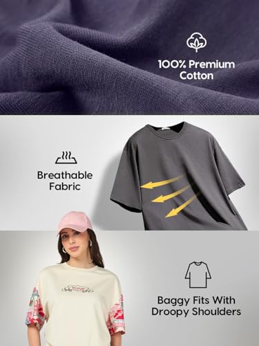 Bewakoof Women's Graphic Printed Oversized Fit Half Sleeve Round Neck Cotton T-Shirt_663621_Black_3XL