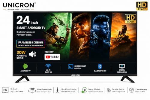 UNICRON 24”INCH Frameless HD Ready Android Smart LED TV | WiFi Enabled | Built-in Apps Compatible (YouTube, Netflix, Prime Video) | HDMI, USB Connectivity More