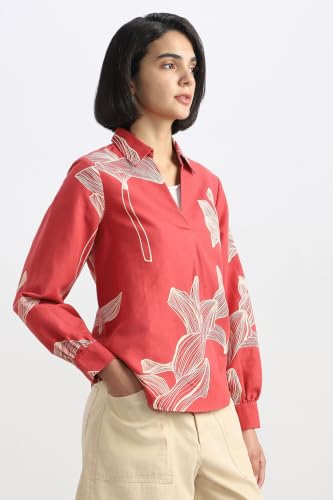 Women Red Print Long Sleeves Shirt