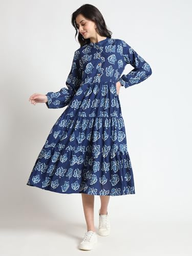 Divena Blue Floral Print Cotton Fabric Flared Dress