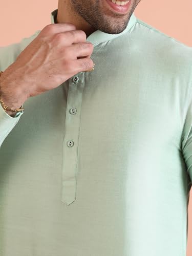 KISAH Men's Kurta Trouser Set, Green Silk Blend, Solid Regular Fit Mandarin Collar Long Sleeves, 44