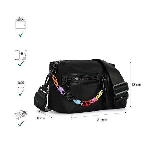 Fastrack Statement Chain Sling Bag for Women | Black Nylon Crossbody with Zipper Closure, Front Utility Pockets and Adjustable Strap | Lightweight Urban Sling for College & Travel