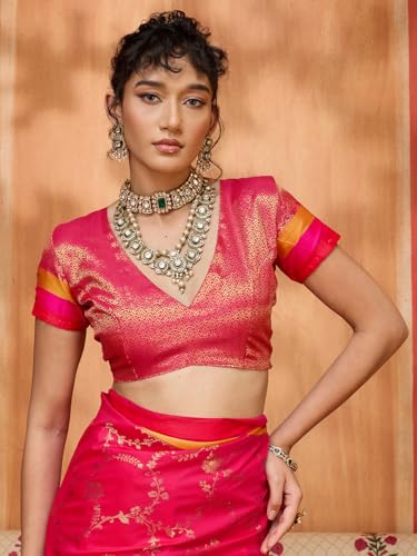 AKHILAM Women's Pink Pure Silk Ethnic Motif Printed Saree With Unstitched Blouse Piece (COLOURS005_RJ)