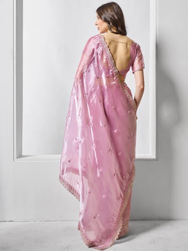 ORHANS Women's Organza Thread & Zari Embroidered Work Saree With Organza Matching Embroidered Work With Unstitched Blouse Piece