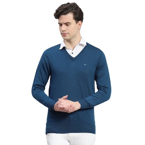 Monte Carlo Mens Teal Solid V Neck Full Sleeve Wool Casual Sweater (1230507VN-2378-46)