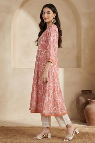 W for Woman White and Peach Paisley Printed Sequins Modal Anarkali Kurta - (W14003-127413-M)
