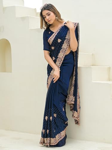 Satrani Women's Shimmer Chiffon Dual Tone Embroidery Scalloped Border Stone Work Saree with Unstitched Blouse Piece (4748S132N_Peacock Blue)