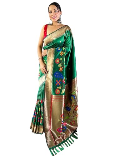 Panzora Women's Green Kanjivaram Paithani Silk Saree With Unstitched Blouse Piece