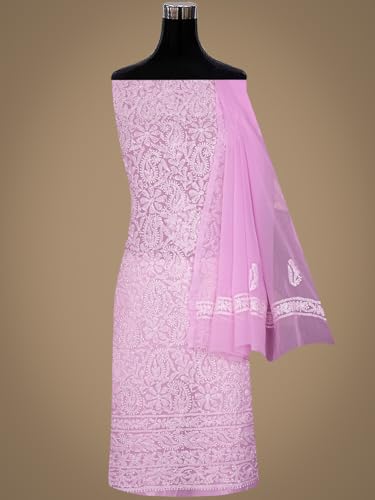 Ada Hand Embroidered Lucknowi Chikankari Unstitched Georgette Dress Material Suit Piece with Dupatta for Women 01A878921 Pink