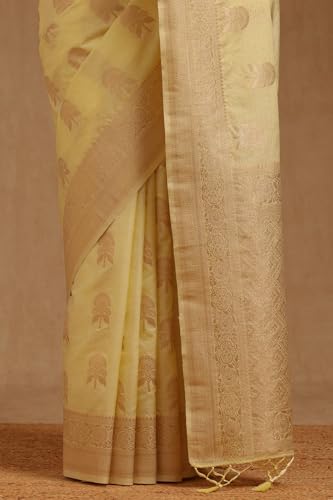 Soch Womens Light Yellow Tussar Floral Zari Woven Saree